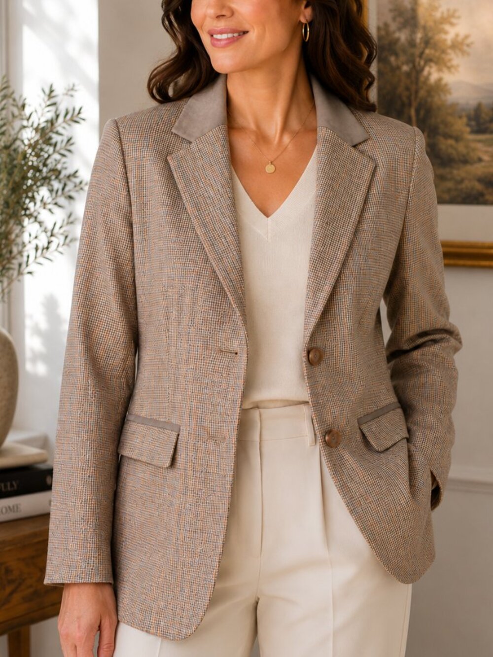 Pendleton Seasonless Wool Blazer 14W Tan Houndstooth Career Jacket